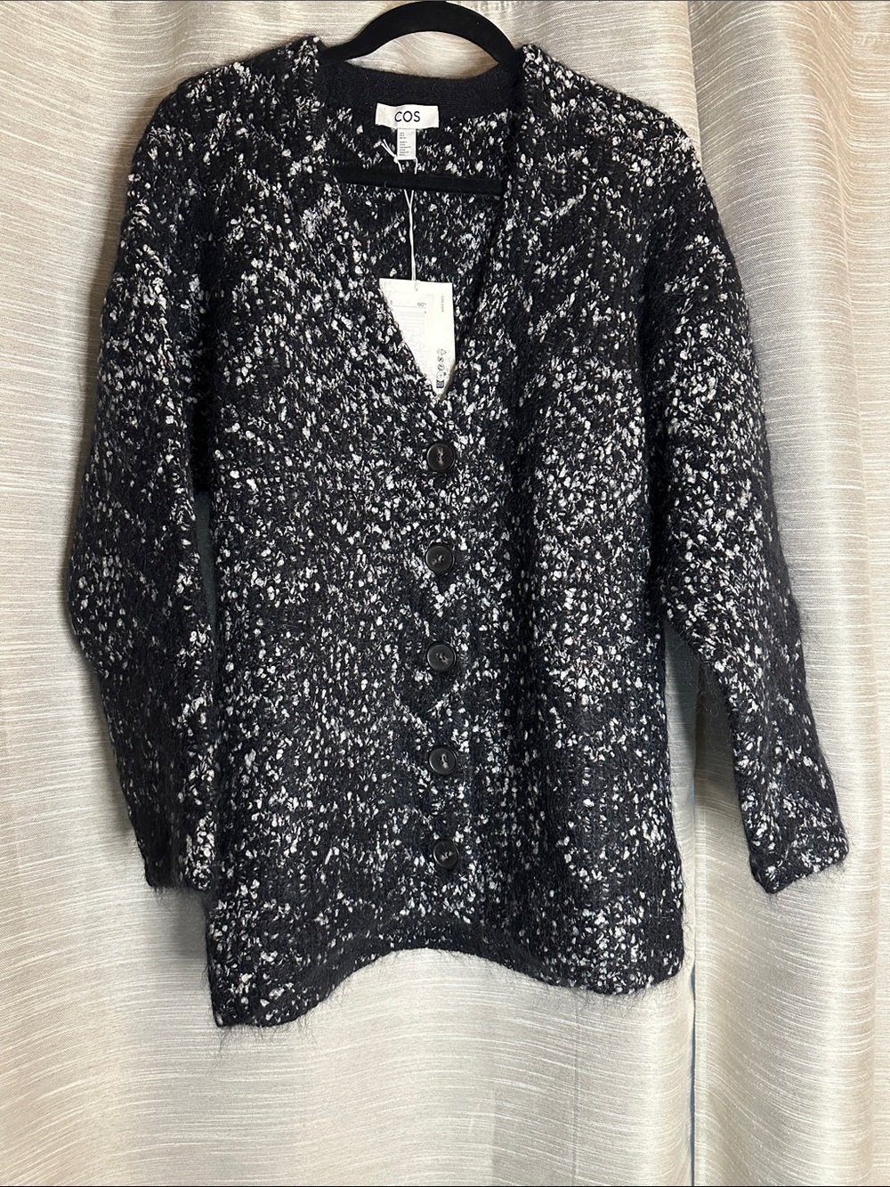 COS Black and White Speckled V-Neck Button mohair blend Cardigan